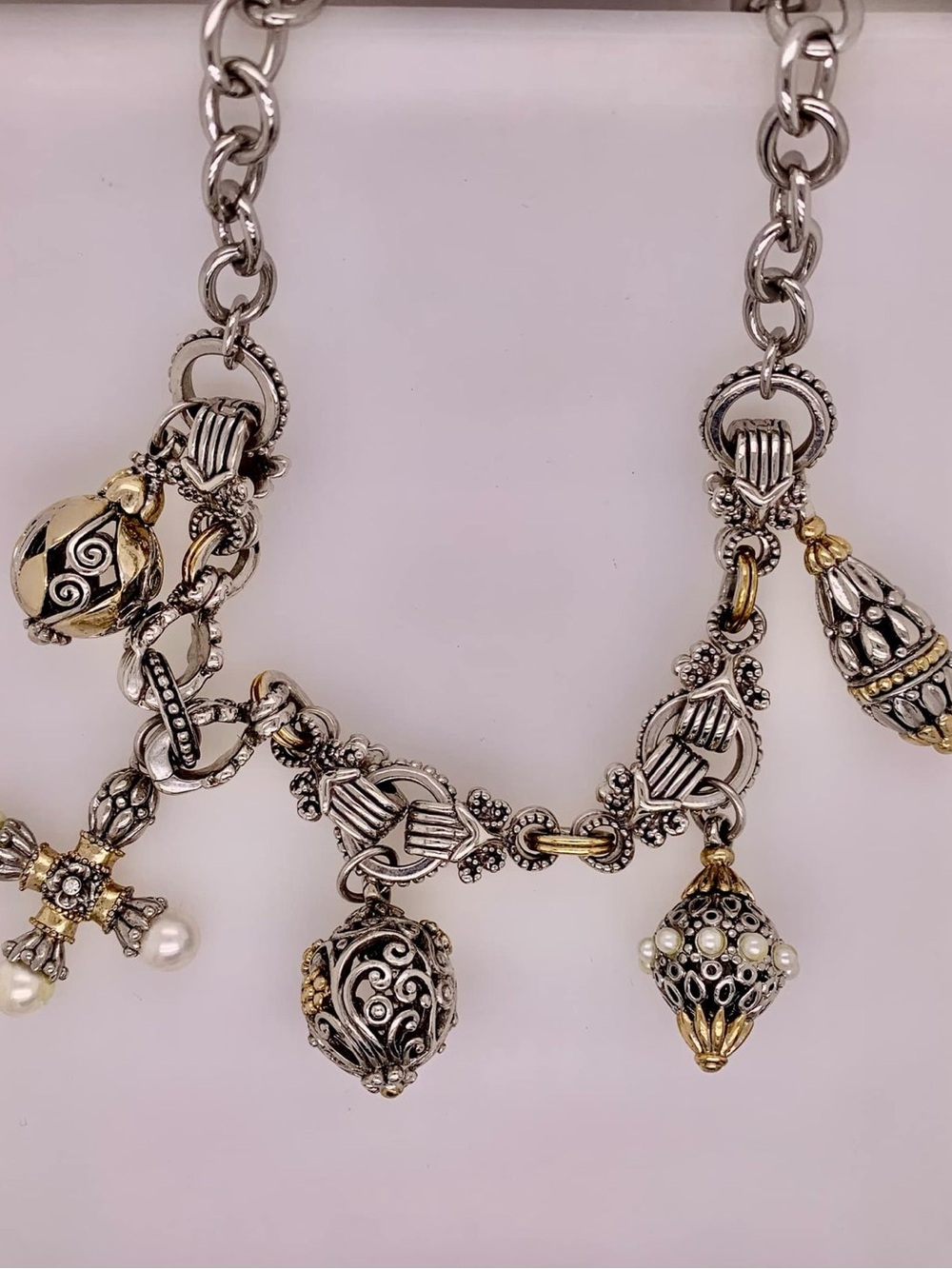 Vintage Brighton Two-Tone Silver and Gold Charm Necklace with Filigree Beads